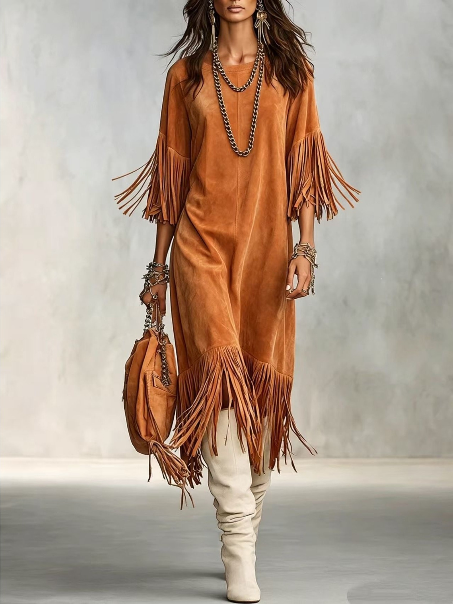 item picture 2026 new european american womens   suede fringe midi dress 3 4 sleeve western style loose casual   tassel dress