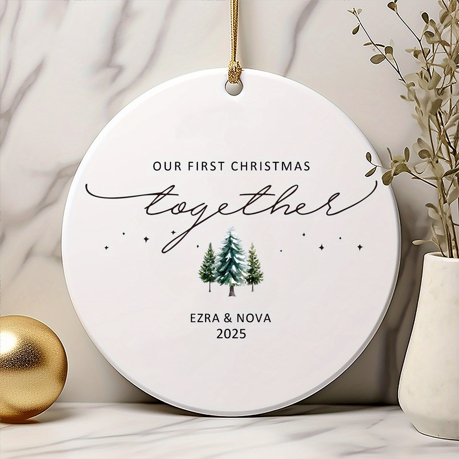 Image of Personalized Couple' First Christmas & Wedding - Custom Name & Date Round Ornament Suitable For Christmas Tree, Wedding Gift, Anniversary - Romantic Couple' Keepsake For /engaged/