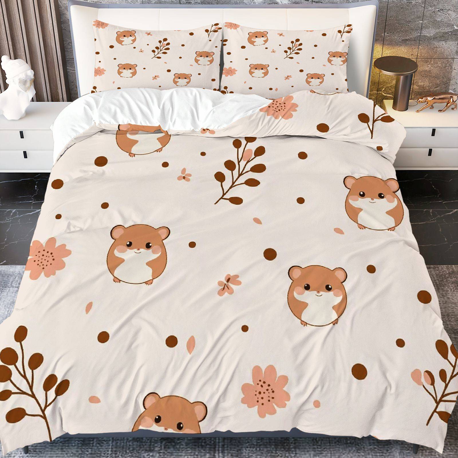 TEMU 3pcs Hamster Fresh & Cozy Theme Duvet Cover Set - Cute Cartoon Hamster & Floral Print Bedding, Soft Polyester Material, Zipper Closure, Machine