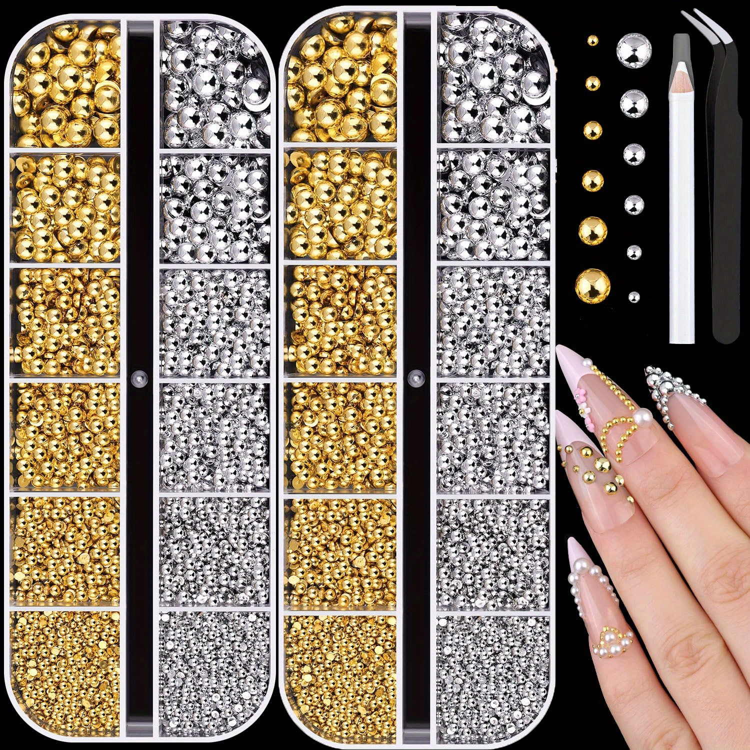 TEMU 24 Grids Silvery And Charms And Gems, 1.5-5mm Half Round Flatback Nail Flatback For Nail Beads For Nails With Pickup Pencil And Tweezers, Nail Charm Rhinestones For Crafting Face Diy