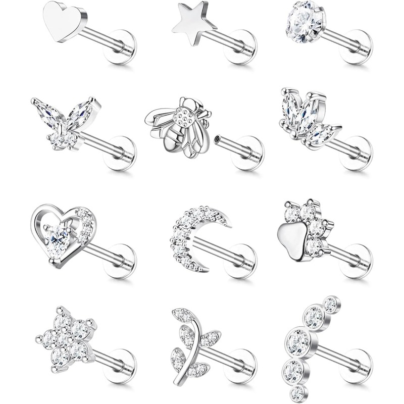 2d Flat, 16g 18g Tragus Earrings For Women Flat Back Hypoallergenic Surgical Stainless Steel Cartilage Earrings Daith Conch Helix Medusa Nose Piercing Jewelry Flatback Goldenstud Earrings Set 12 Pairs