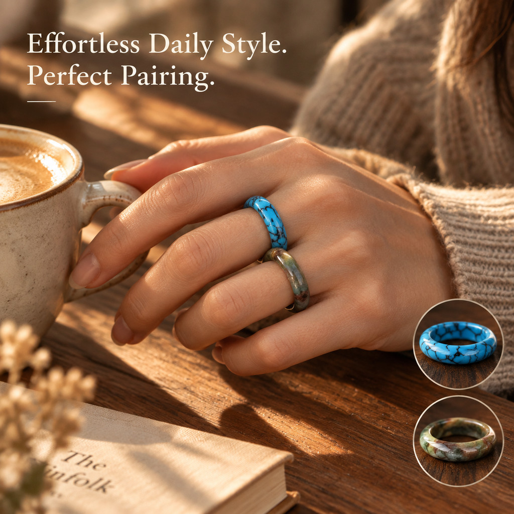 2pcs Bohemian Multi-Color Agate & Turquoise Ring Set
