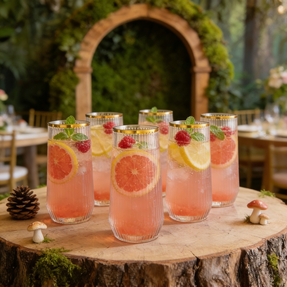 Juego de 8 copas de vino sin pie elegantes de 9 oz para Año Nuevo, con borde dorado transparente, vasos para helado, copas de champán con borde dorado, copas de cóctel transparente irrotables, adecuadas para bodas, Día de San Valentín, fiestas de Año Nuevo, cumpleaños, fiestas y celebraciones