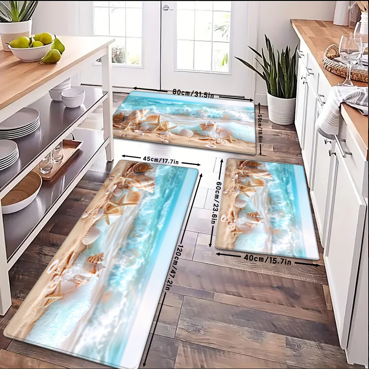 

1pc Coastal Beach Starfish Seashell Pattern Kitchen Mat, Non-slip Polyester Flannel Bath Rug, Fade Resistant Knit Fabric, Rectangle Floor Mat For Bathroom, Laundry Room Decor, 580gsm