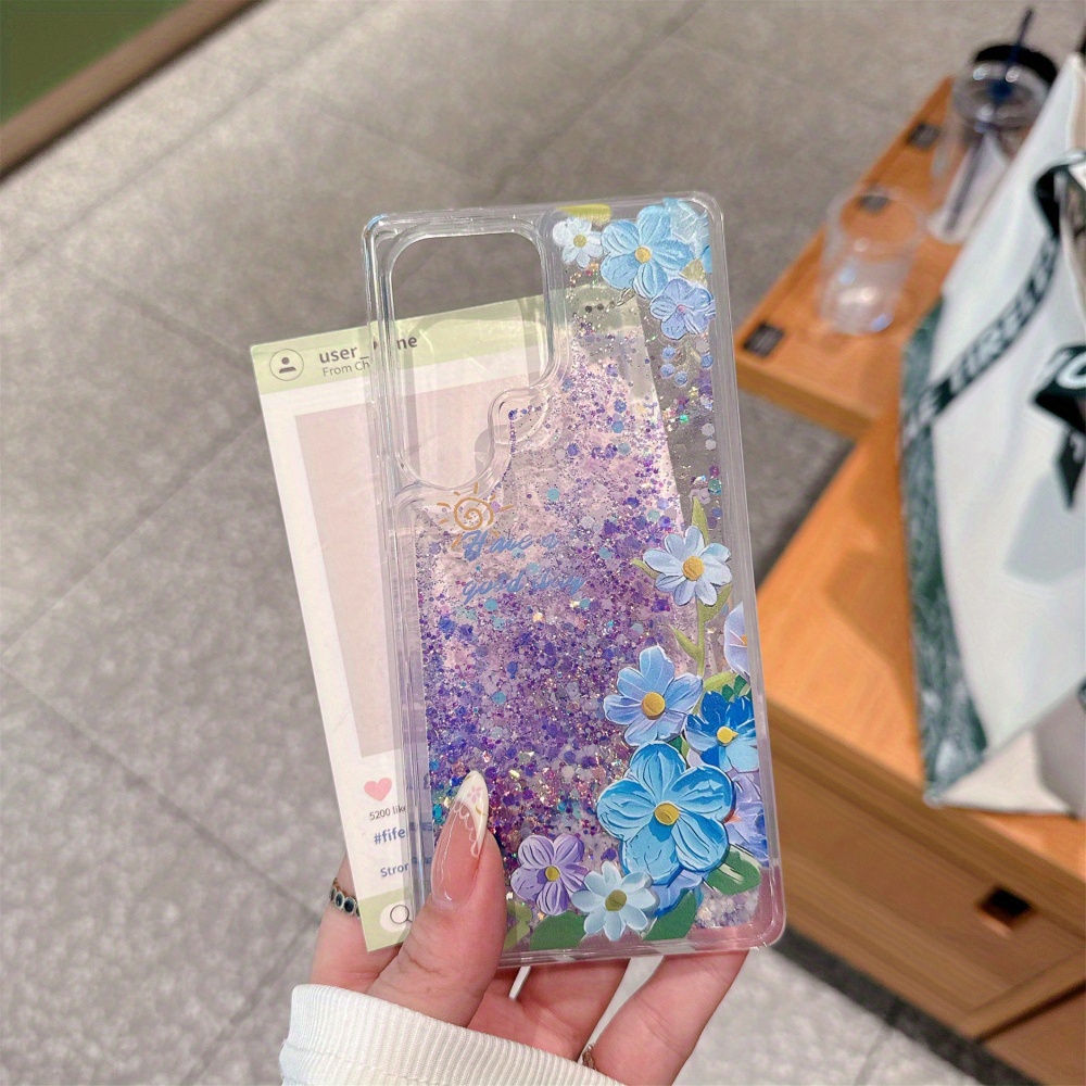 TEMU Phone Case: Quicksand Luminous Blue-purple Floral Case, Compatible With Galaxy S22/s23/s24/s25 + Ultra, Full-coverage Drop-proof Protective Case