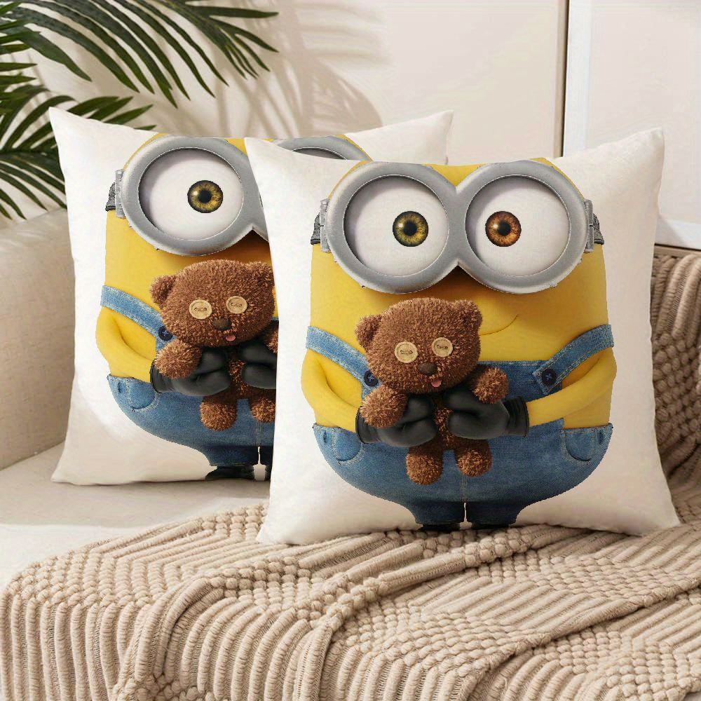 

2pcs Minions Decorative Pillow Covers - Soft Short Plush, Zippered Cases With & Teddy , Ideal For Sofa & Living Room Decor, Hand Wash Only, Cute Pillows