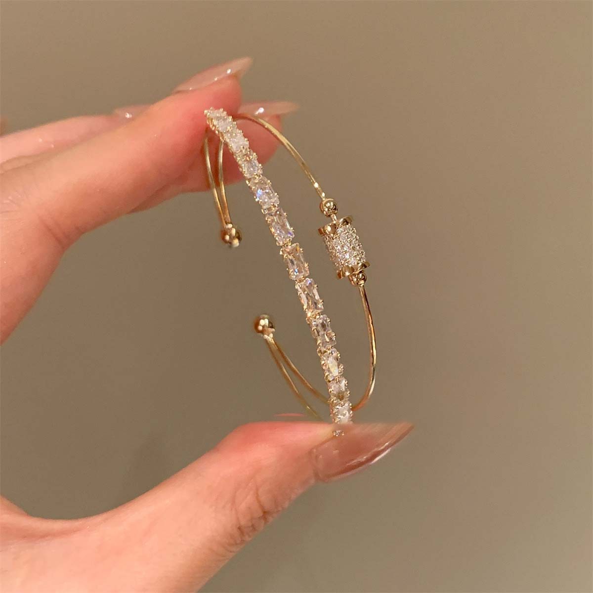TEMU 1pc Synthetic Zirconia Bracelet Double-layer Rectangular Open Bangle With Synthetic Zirconia Stones, Minimalist Elegant Retro Suitable For Daily