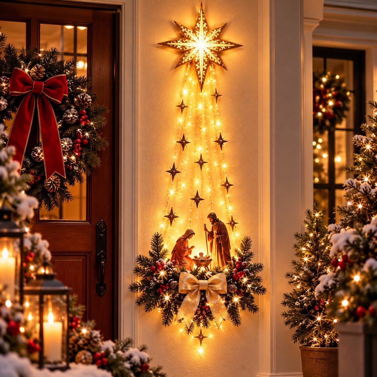 lighted nativity wall decor with   star holy family scene cascading star lights christian christmas hanging decoration for entryway or mantel 2 lighting  