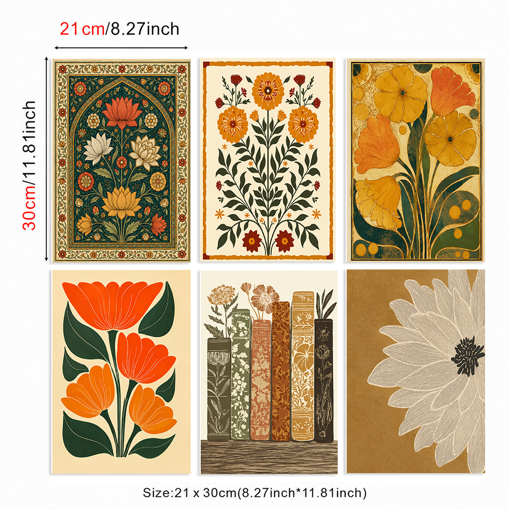 TEMU 2D Plat, Ensemble de 6 d'Art Mural sur Toile Florale Vintage Cadre Orange Vert Art Lotus Marguerite Pile de Livres Affiche Décor pour Chambre