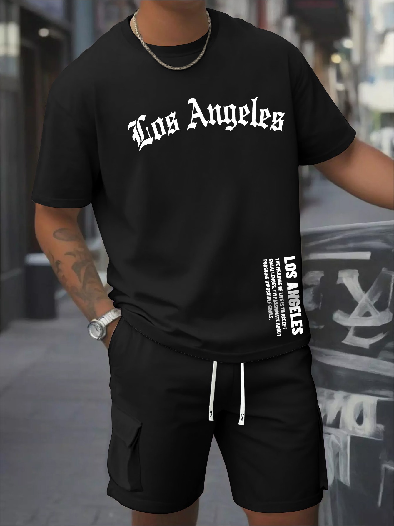 Men'S Casual Two-Piece Set, Pure Cotton Round Neck Short Sleeved T-Shirt And Work Pants with Pockets