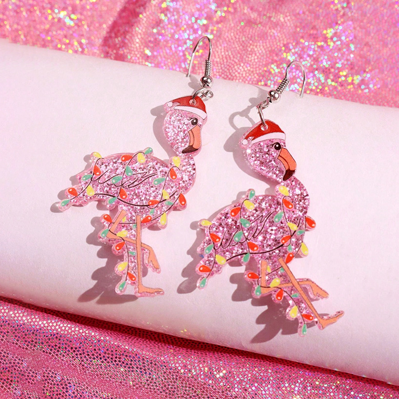 TEMU 1 par de aretes de flamenco navideño con gorro de Papá Noel, aretes de flamenco de acrílico rosa estampado con flamenco de dibujos animados y