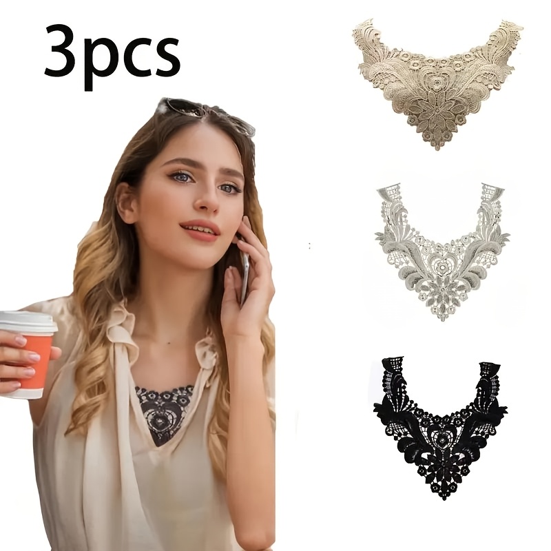 E-shop 3-teiliges elegantes, wasserlösliches Stickerei-Spitzenkragen-Set - Blumen- und Spitzendesign, Schwarz/Beige, leichte Polyester-Ergänzungen,