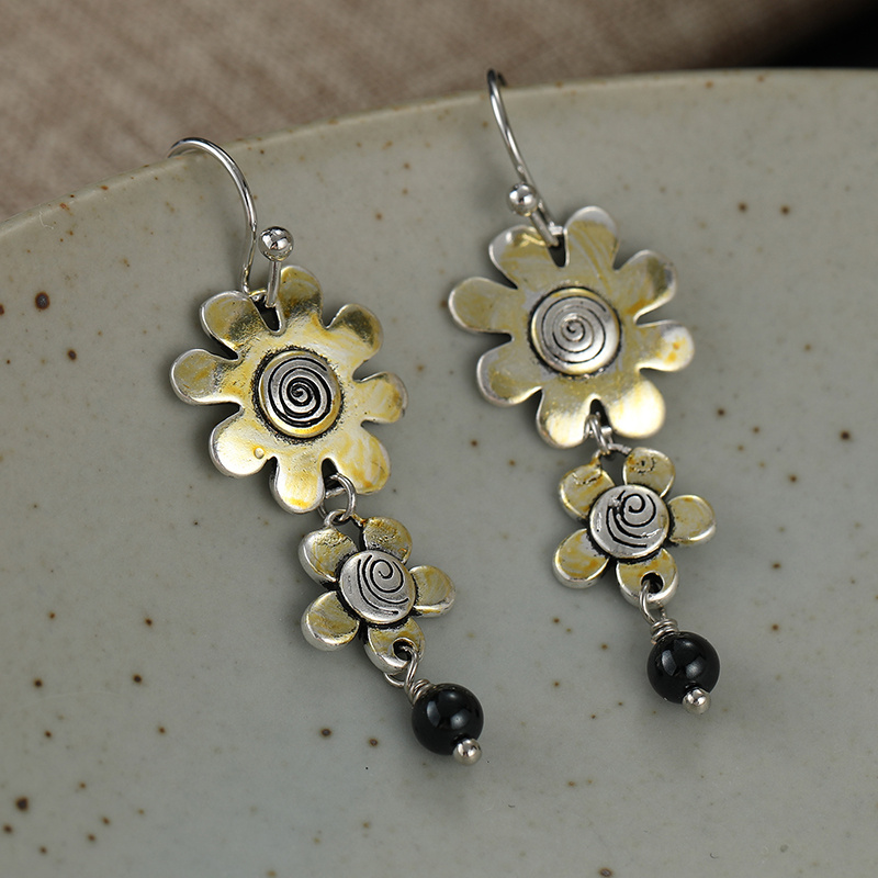 Women's Vintage Two Tone Spiral Pattern Double Flower Dangle Earrings
