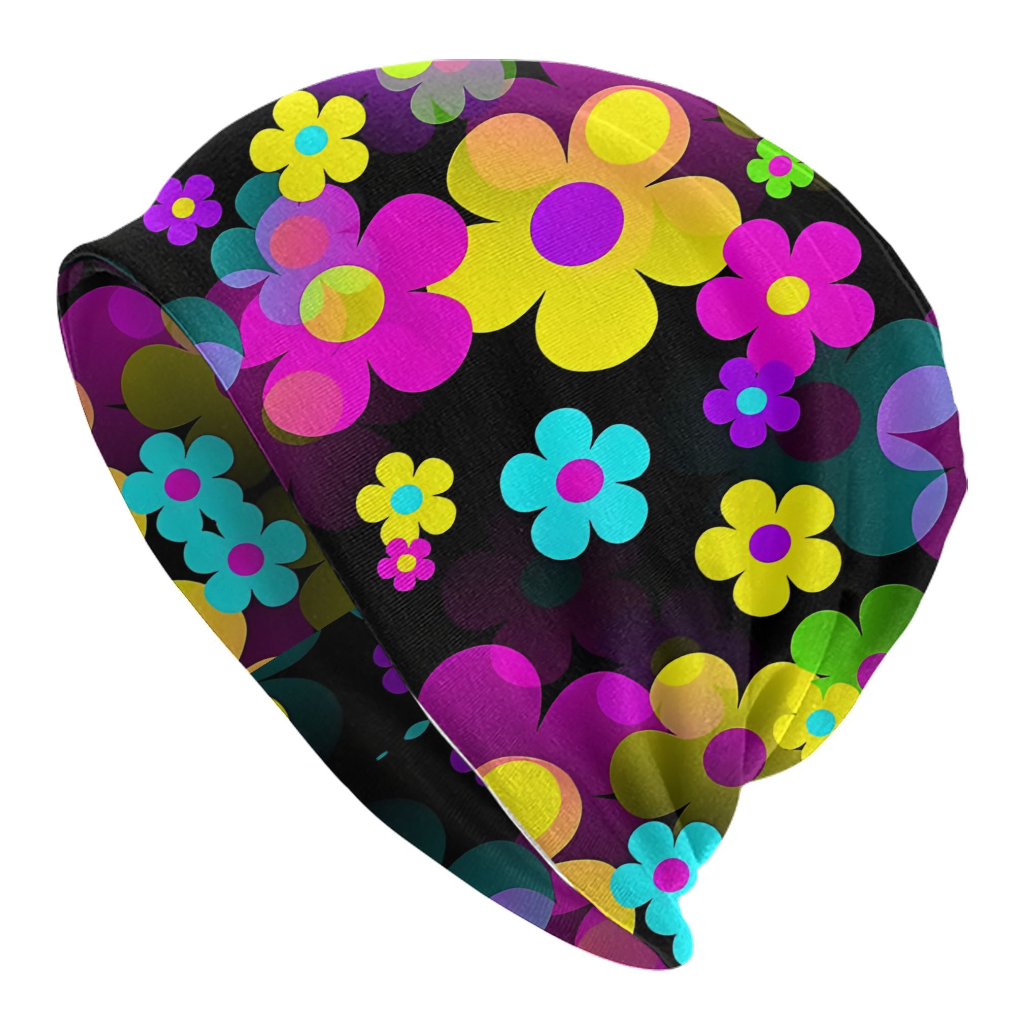 TEMU 60's Mod Floral Skull Cap, Lightweight Knit Polyester & Elastane Beanie, Cute Stretch Bonnet For , Outdoor Thin Hat