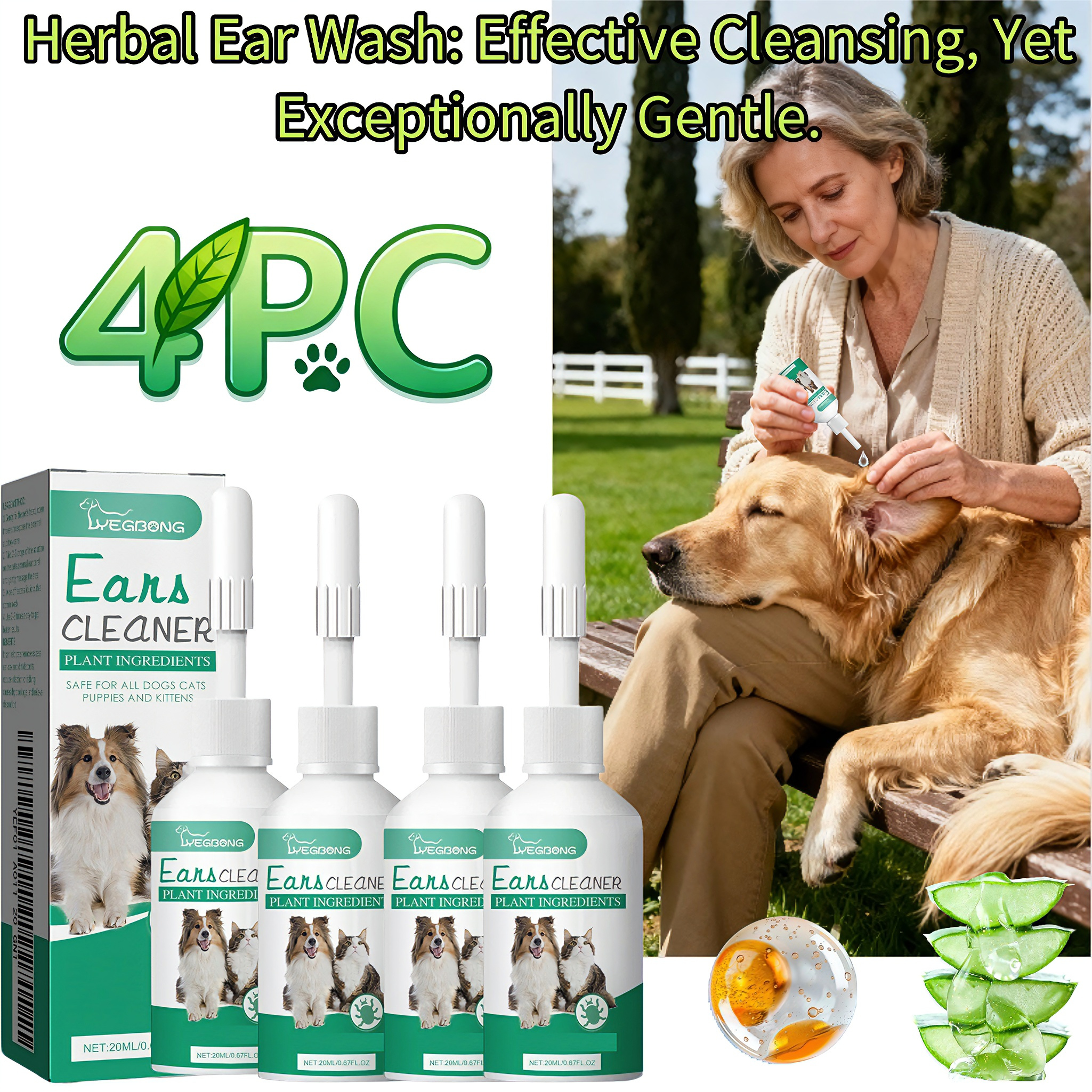 Ear Cleaning Solution for Cats and Dogs - Gentle Ear Wax Removal with Plant Extract Formula, Keeps Ear Canals Clean and , Long-Lasting Protection, Pet Ear Cleaning Care Kit, 4pcs Set