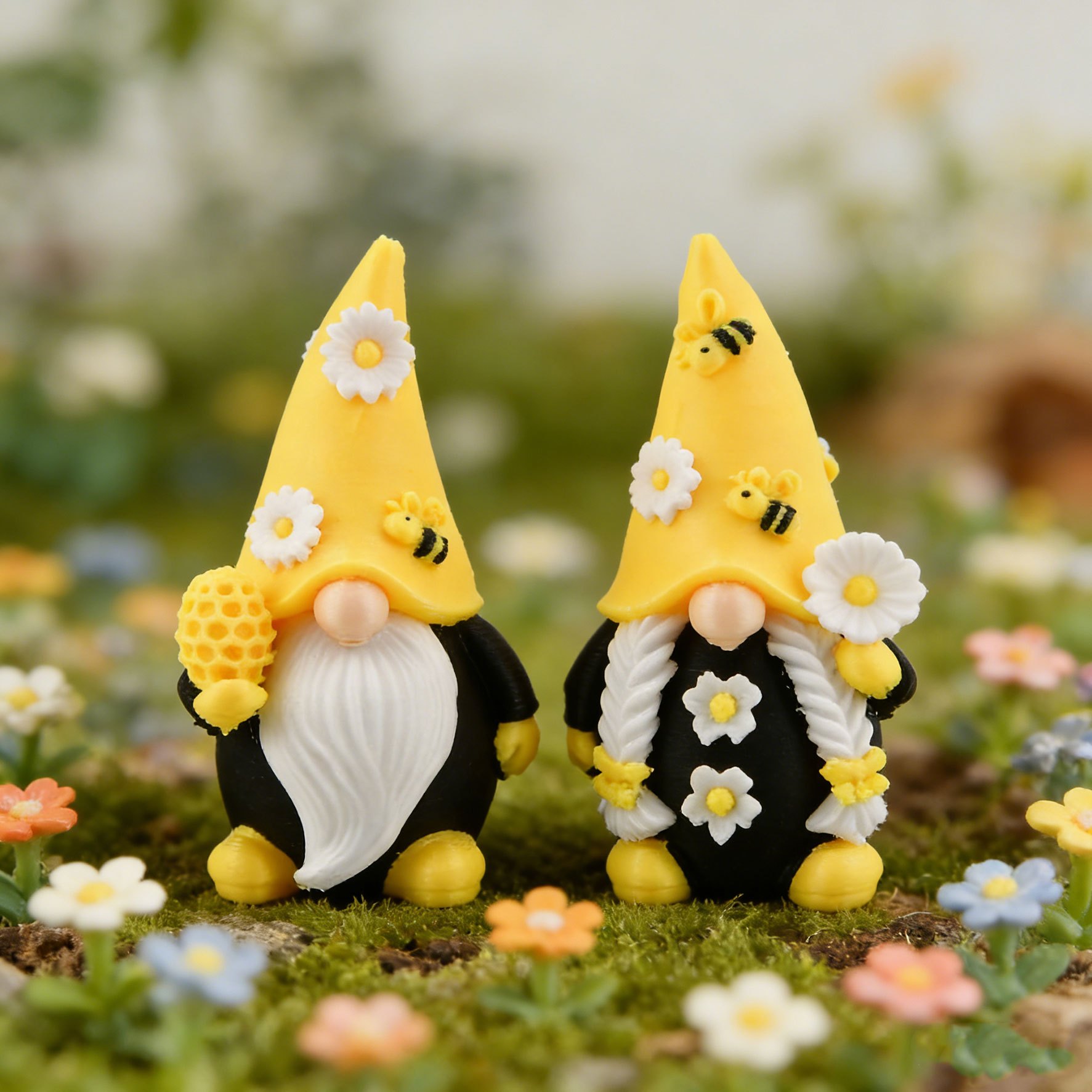 E-shop 2er-Set Bienen-Gnom-Figuren mit Honigtopf & Bienenstock-Dekorationen – Plastik-Tisch-Mittelstück für Frühling/Sommer, geeignet für Muttertag,