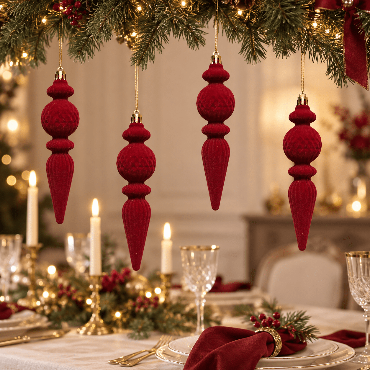 TEMU 4pcs 18cm/7inch Red Velvet Christmas Drop Ornaments, Tree Decor 5.91in Flocked Ball Shape, Ribbon Hanging Caps, Plastic Base, Fireplace Window