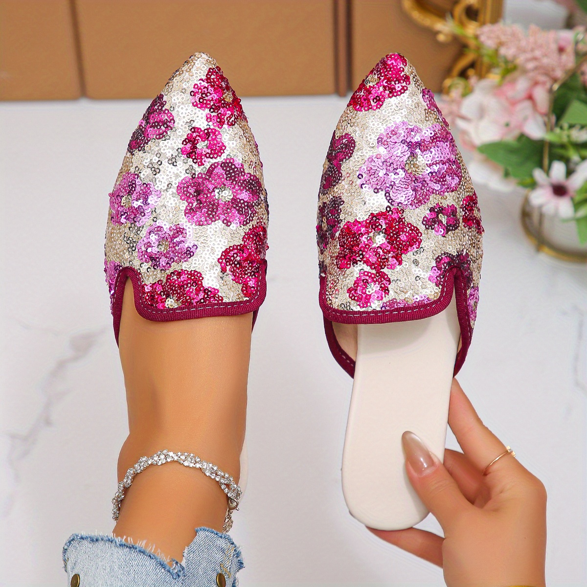women's plus size glitter floral pointed toe slip flats Temu New