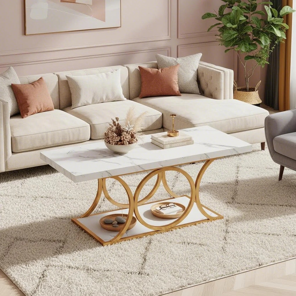 Rectangle Coffee Table, Modern Coffee Tables For Living Room, 2-tier Marble Wood Coffee Table With Geometric Metal Legs, Home Furniture With Storage Shelf