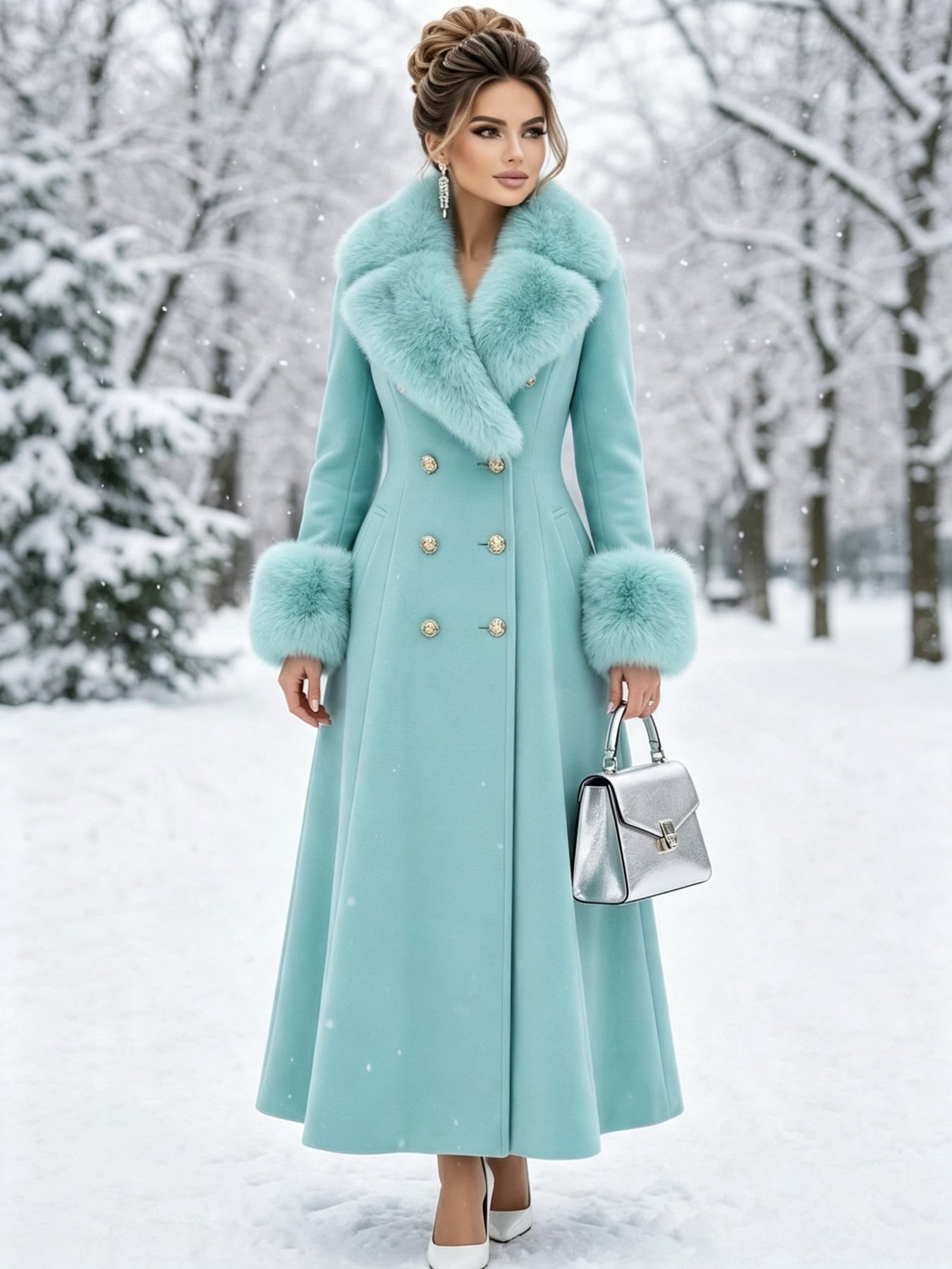 long winter dress coats for ladies Women'S Elegant Maxi Coat With Faux Fur * Double Breasted * Fit Overcoat, Mint * Coat Holiday Office Daily linen-dress