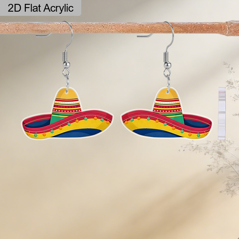 TEMU 2d Flat, 2d Flat De Mayo Sombrero Acrylic Earrings Classic Mexican Dangle Earrings, Lady's Fashionable Drape-style Earrings De Mayo, Mexican