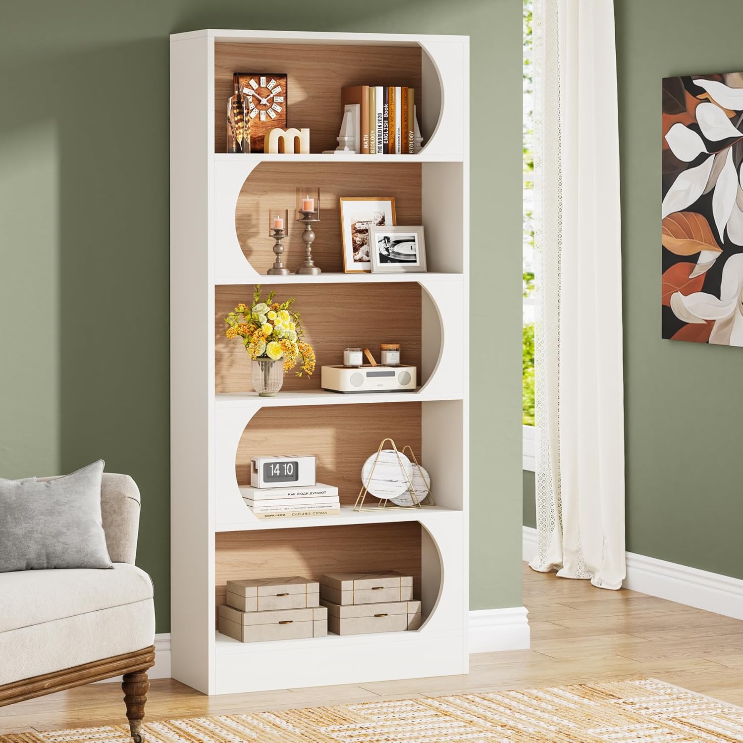 Image of 6 Tier Bookshelf, 71-inch Tall Bookcase With Arched Frame, 32 Inch Wide Shelving Unit, Modern Book Shelf For Home Office, Bedroom, Living Room, White