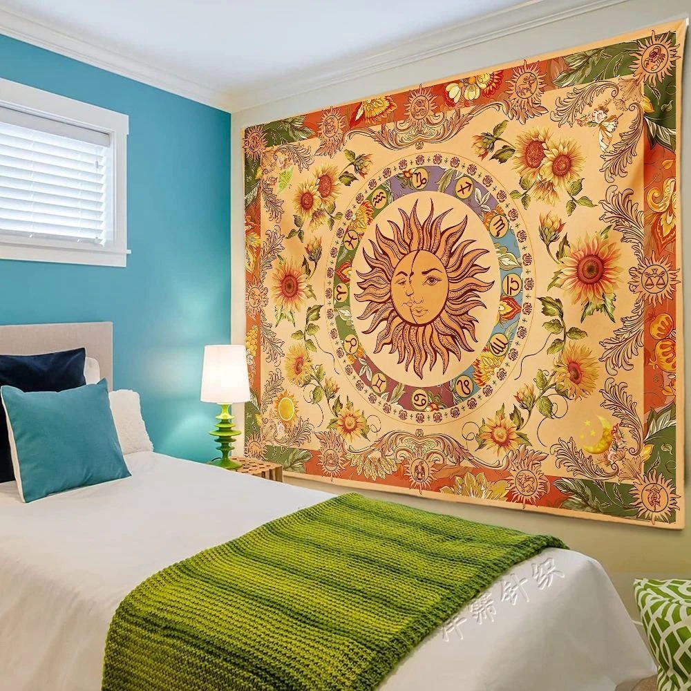 Bohemian Retro Sun Tapestry With Sunflower Butterfly And Moth_voghion.com