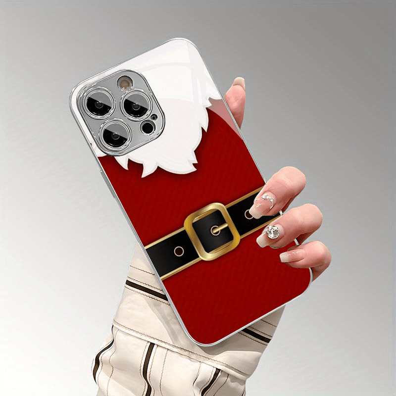 TEMU Phone Case: Creative New Year Santa Claus Golden Buckle Belt Pattern Trendy Fashion New Electroplated Glass Phone Case With Lens Protection For