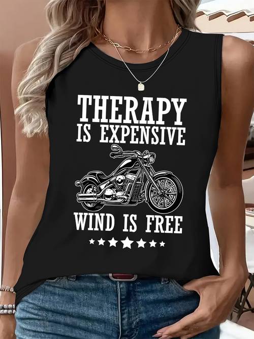 biker style sleeveless tank neck with text summer blouse shirt machine washable non suitable for riding layering casual attire