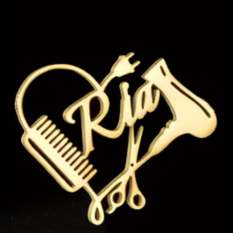 TEMU 1pc Custom Silvery/golden 18k Golden Plated 316l Stainless Steel Custom Name Hair Dryer Shape Brooch, Personalized Letter And Number Scissors
