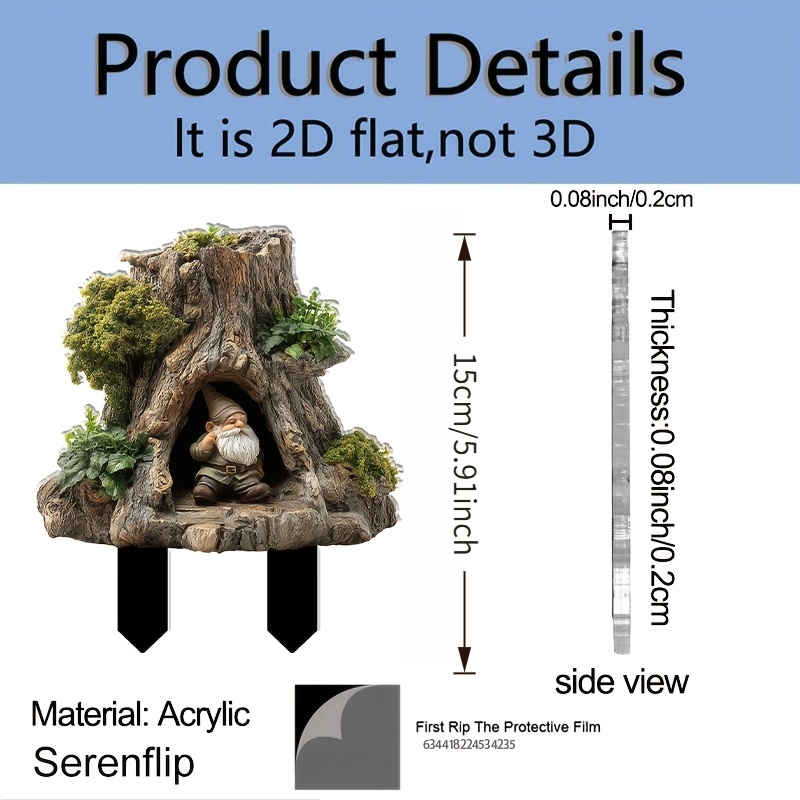 TEMU 2d Flat, 1pc Bohemian Gnome Figurine - Acrylic Tree Stump Corner Stake Suitable For Garden, & Flower Pot Decor, Base For Stability, Irregular