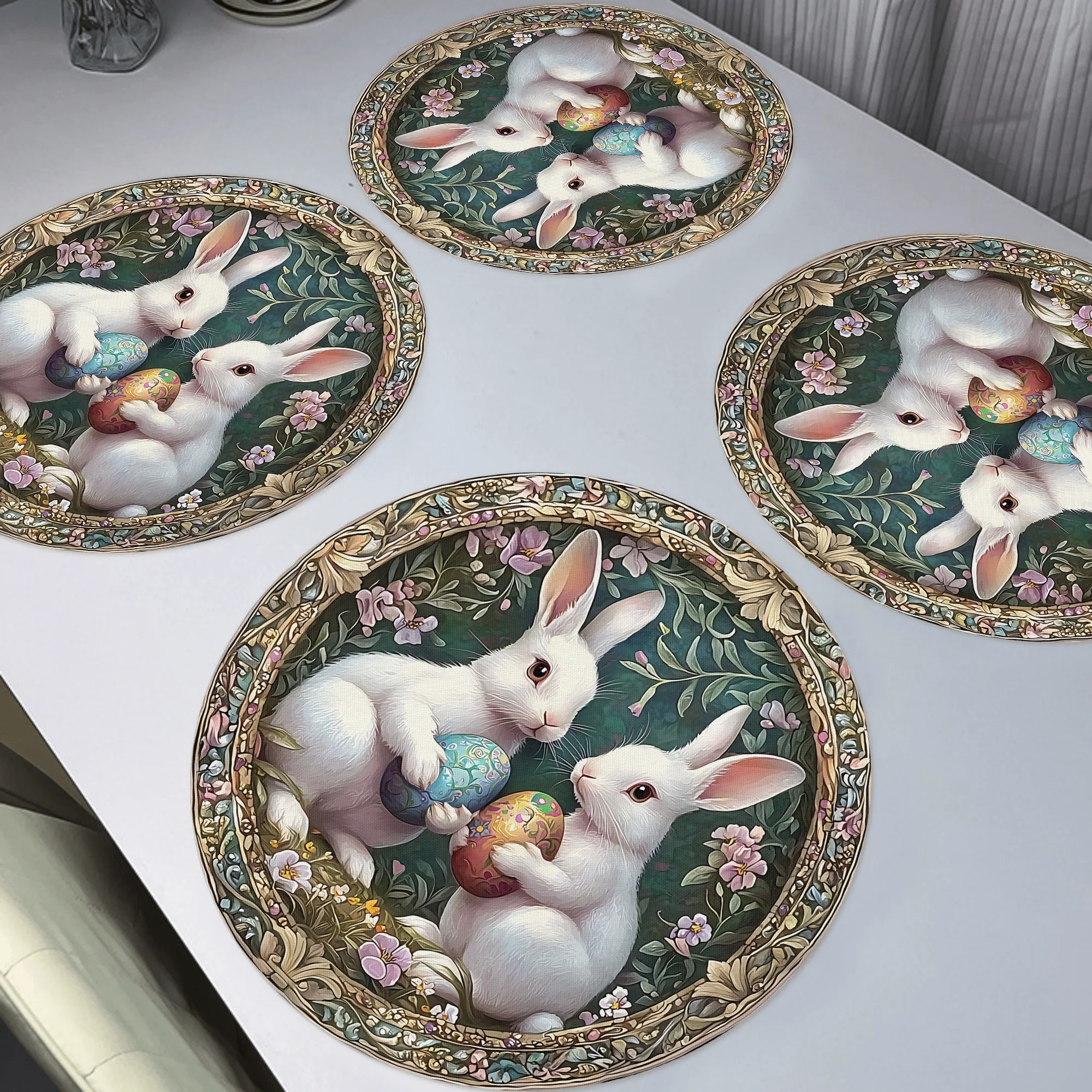 

4-pack Easter Bunny Placemats, Polyester Woven Round Table Mats, Hand Wash Only, Non-slip Washable Dining Decor, & Egg Design, 15x15 Inches For Home, Kitchen, Banquet, Party