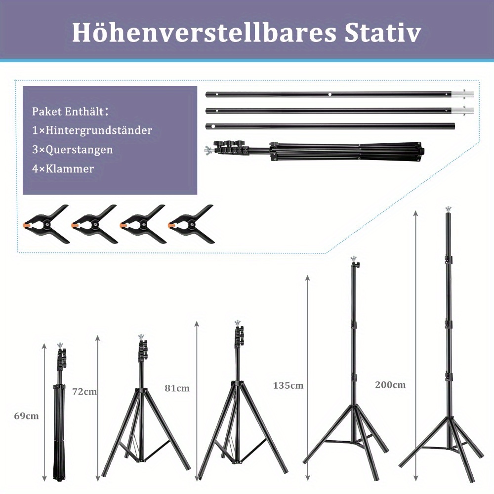 E-shop 2 x 2M Stativ Set T-förmig Tragbarer Hintergrundstützständer Höhenverstellbarer Foto Hintergrundständer mit 3 Klemmen für Foto- und Videostudio