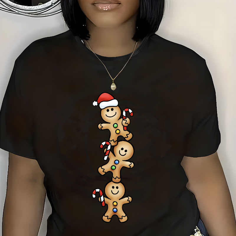 

Women's Plus Size Christmas Gingerbread For Man Print T-shirt, Casual Round Neck Short Sleeve, Comfortable Stretch Polyester Fabric