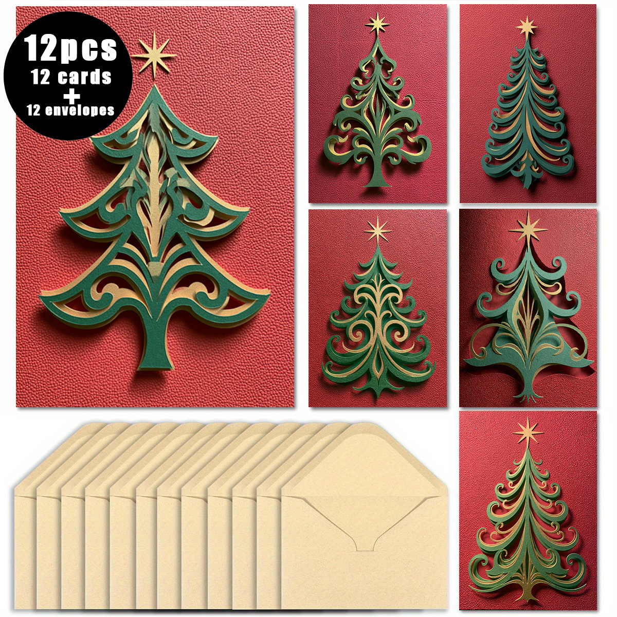 TEMU 12pcs 3d Christmas Cards With , , Red Background, Elegant Design, Blank Inside For Messages, Includes Envelopes - Perfect For Holiday Greetings,