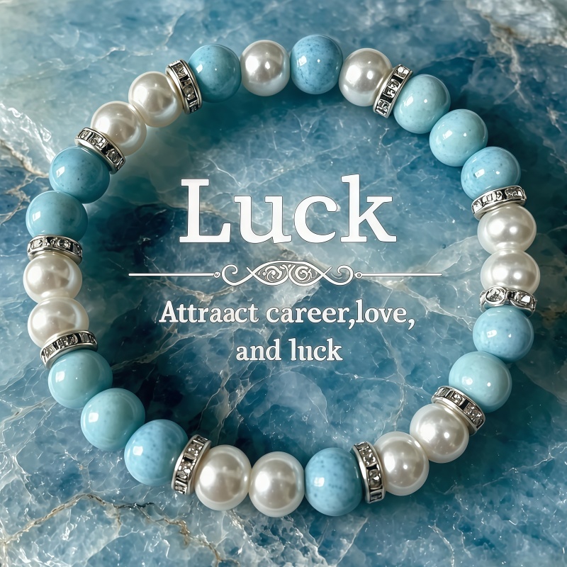 TEMU 1pc Fresh Aquamarine And White Contrast Beaded Bracelet, Featuring A Simple Marble-pattern Texture With Handcrafted Design. Bohemian Style,