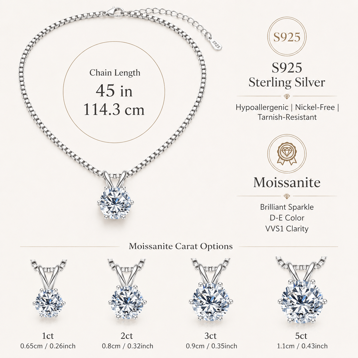 TEMU High-quality S925 -prong 1/2/3/5 Kramoissanite Pendant Clavicle Necklace, Exquisite , Suitable For Everyday Parties, Various Occasions, Gift For