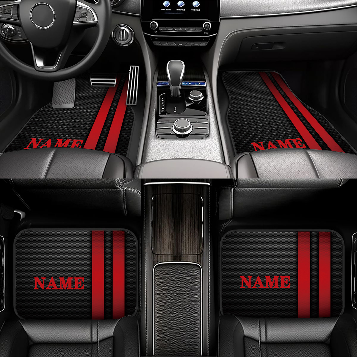 TEMU 4pcs Customizable Car Floor Mats Feature And A Personalized With, Red Stripes Pattern. Make A Perfect Gift For New Year's And Valentine's Day.
