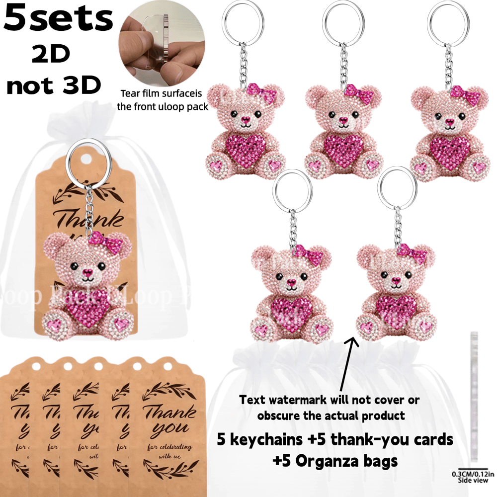TEMU 2D Flat - 2D Ebene, 5er-Set Schlüsselanhänger Pas Pink Diamant Herz Bär Element Party Schlüsselanhänger Geschenktüte - Enthält 5 2D Design Acryl