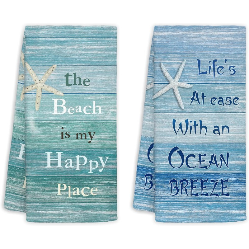 

2-pack -themed Polyester Hand Towels, 18x26 Inches, Super Quick-dry Kitchen Dish Towels, Coastal Decor With "the Beach Is Place" & "" Designs