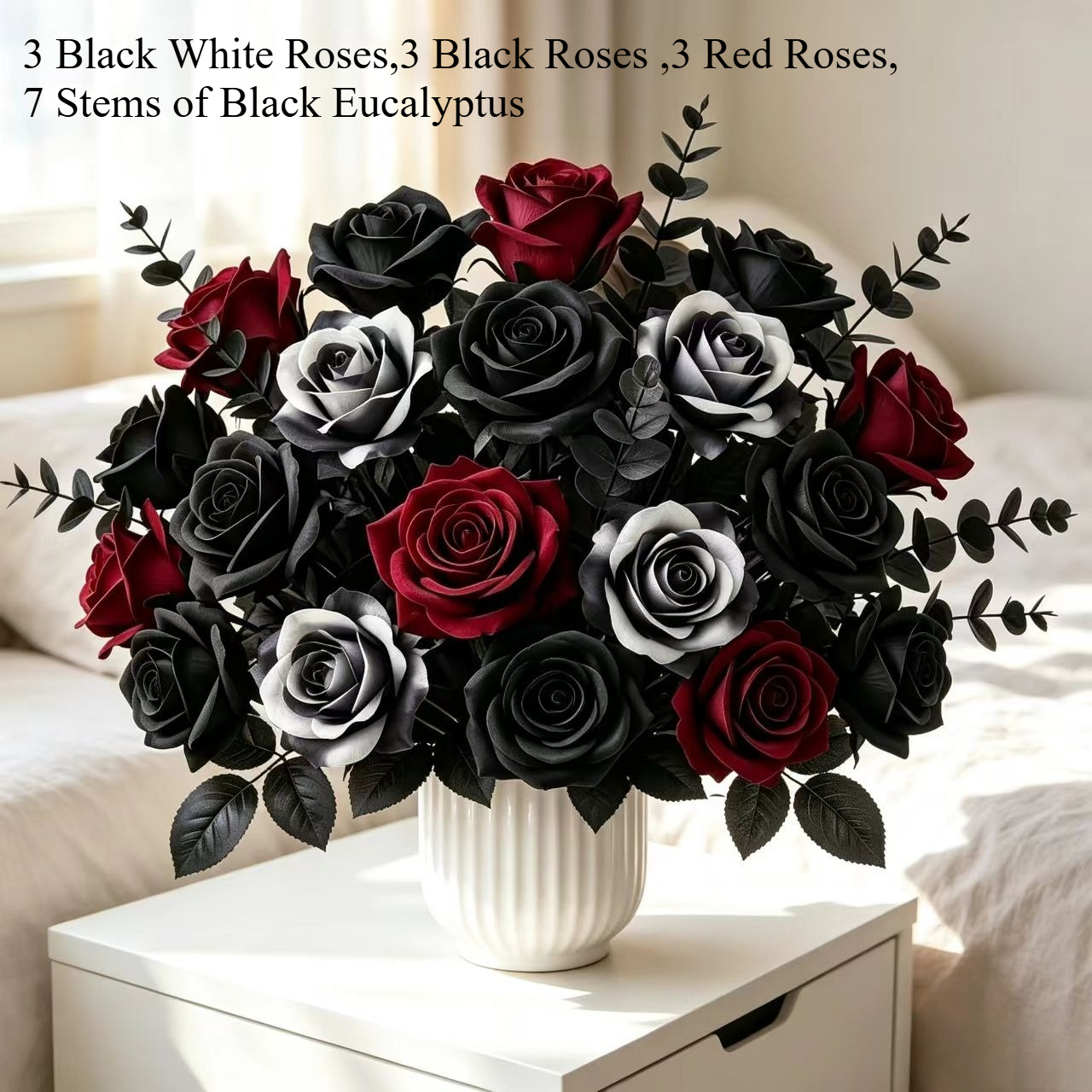 TEMU Set de Ramo de Rosas Artificiales de Otoño de 16 piezas, con Rosas Artificiales , Negras y Blancas con de Eucalipto Negro. Decoración de
