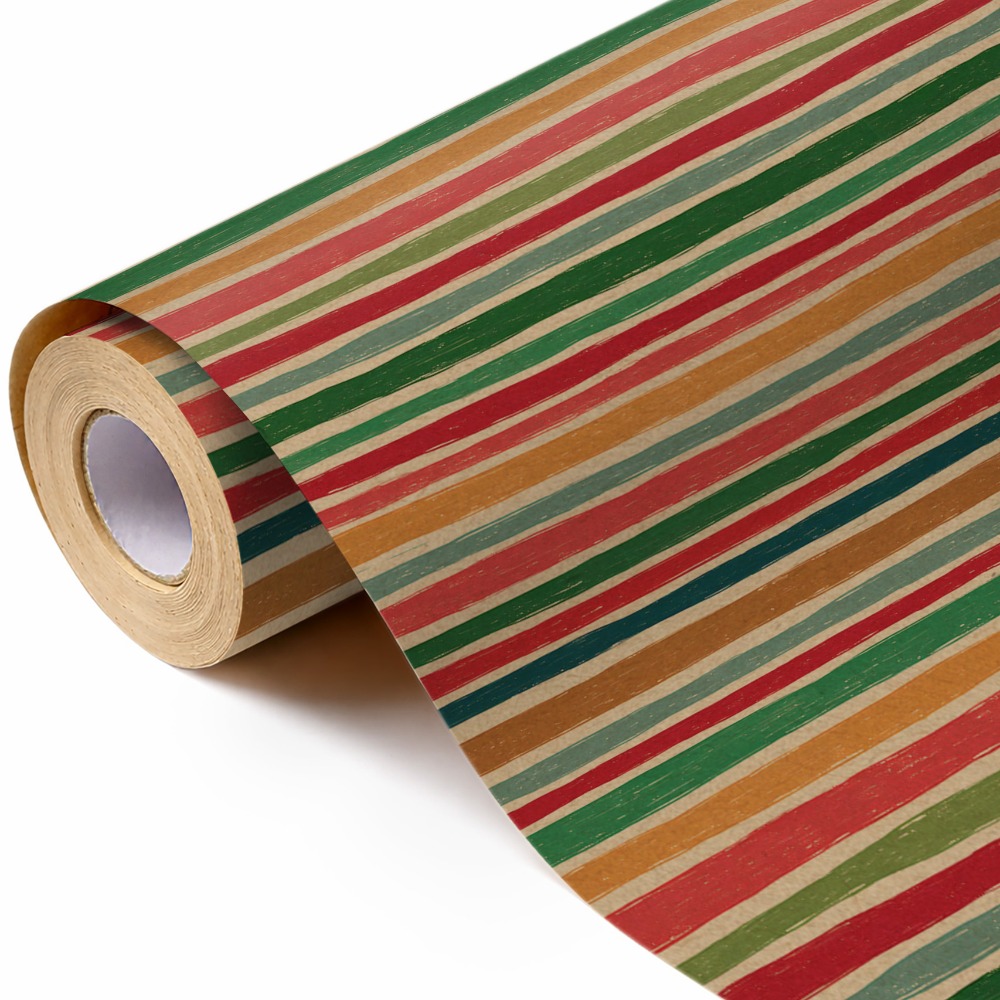 TEMU Rouleau de papier cadeau de Noël, papier rayé vintage, motif à rayures festives multicolores, papier d'emballage pour Noël, anniversaire, fête