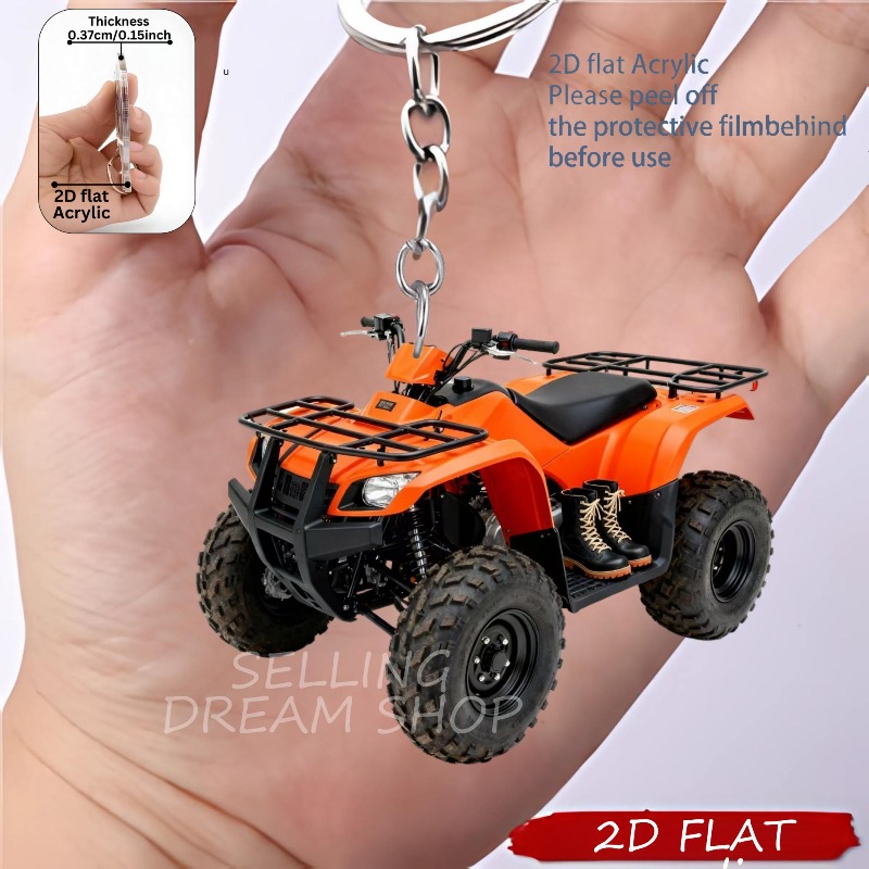 TEMU Porte-clés 2D plat, plan 2D, véhicule tout-terrain 2D plat en acrylique ATV/UTV, pendentif mini véhicule tout-terrain à quatre roues, accessoire