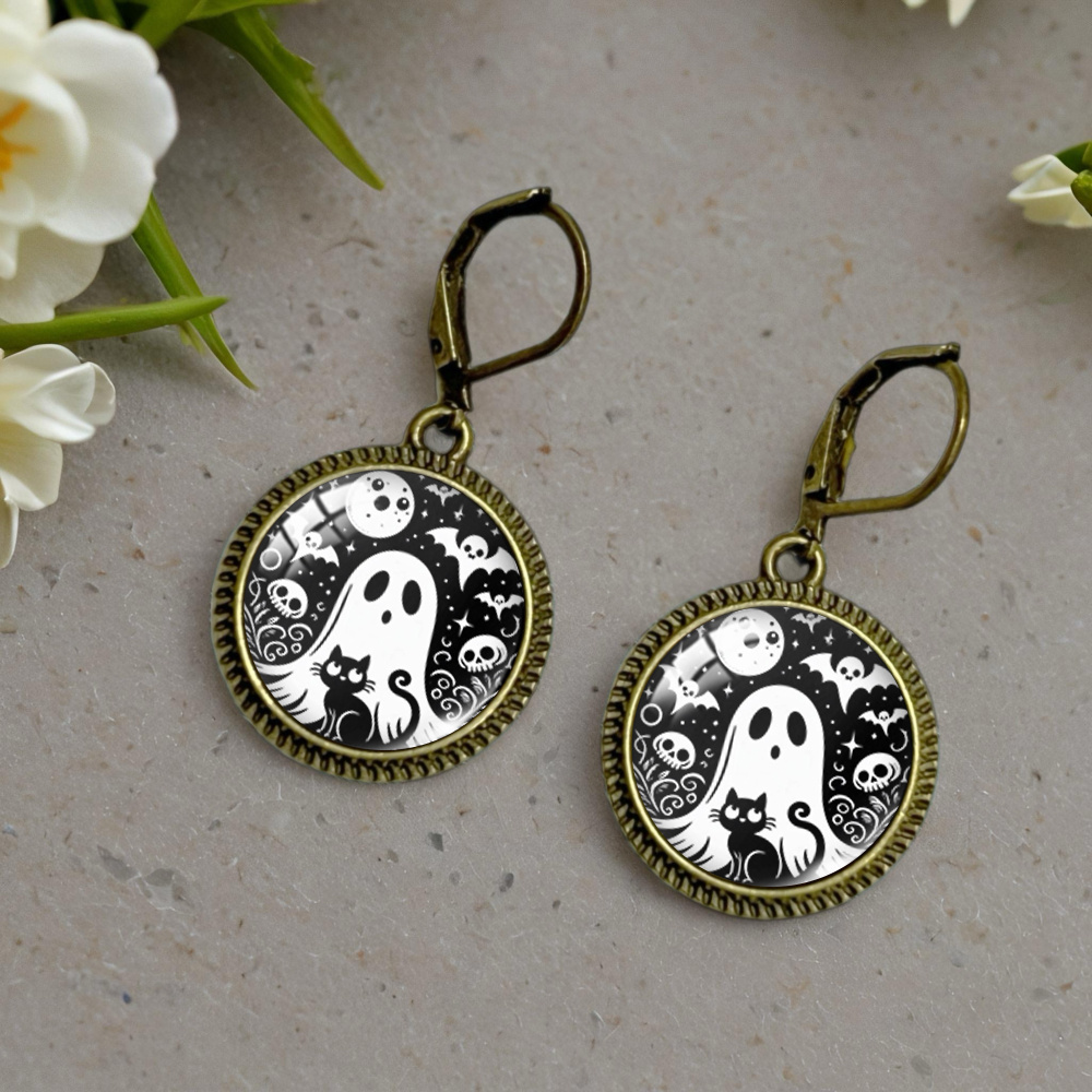 TEMU Black And White Cat And Round Glass Vintage Earrings Party Gift For