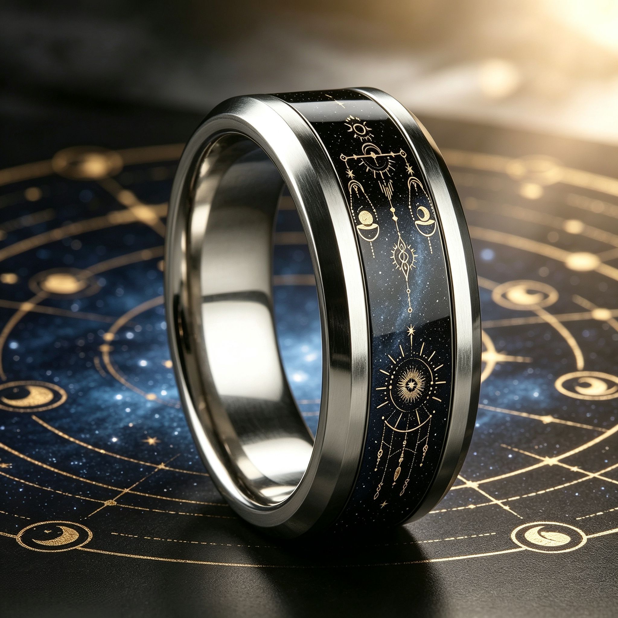 Starry Sky Universe Astrological Stainless Steel Ring, 8mm