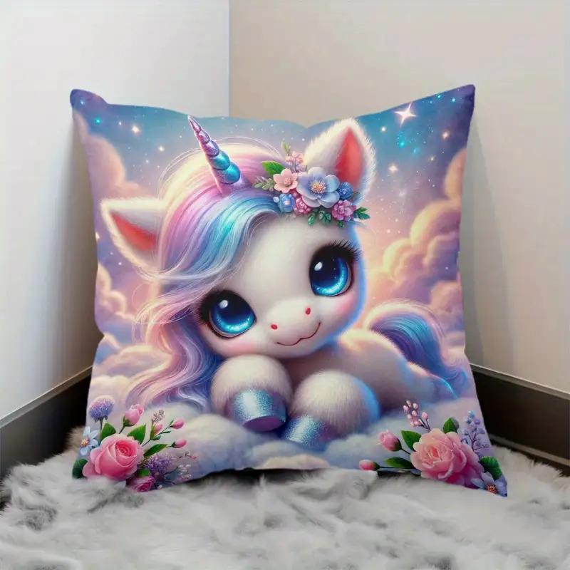 TEMU A Unicorn Pattern Decorative Pillowcase Made Of Polyester Material, Featuring A Soft And With Short Plush Fabric, Single-sided Printed Design,