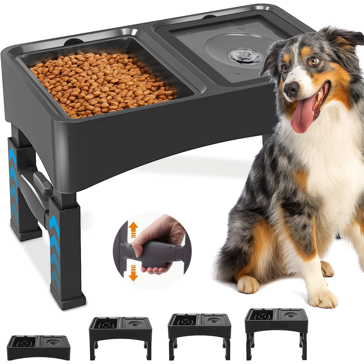 Height Adjustable Pet Feeding Stand, Foldable Dog Bowl Holder With Slow Feeder To Prevent Overeating