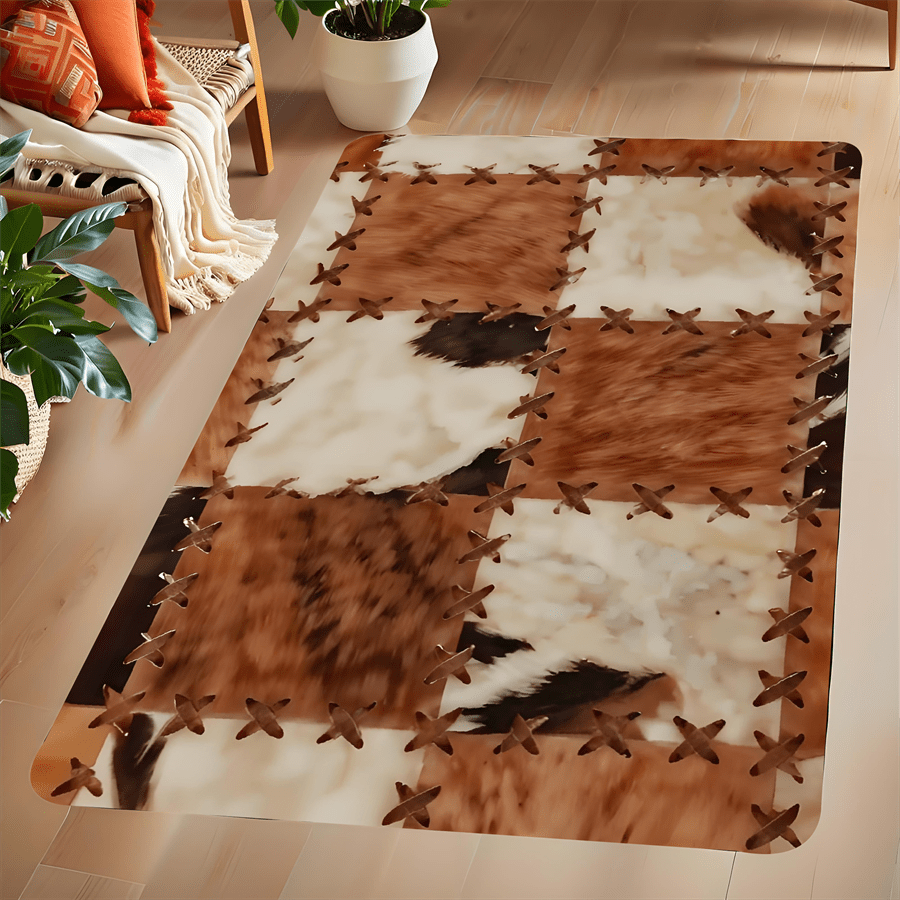 TEMU [ Goods] 1pc Square Faux Leather Living Room Area Rug, Animal Stitching Pattern Rug, Lightweight Soft Outdoor Indoor Mat, Perfect For Living