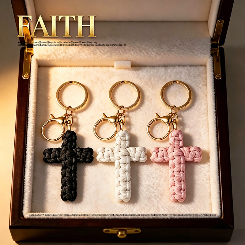 Handmade Woven Cross Keychain, Christian Cross Keyring, Bohemian Bag Charm, Unisex Gift for Birthday Wedding Back to School Party Favor