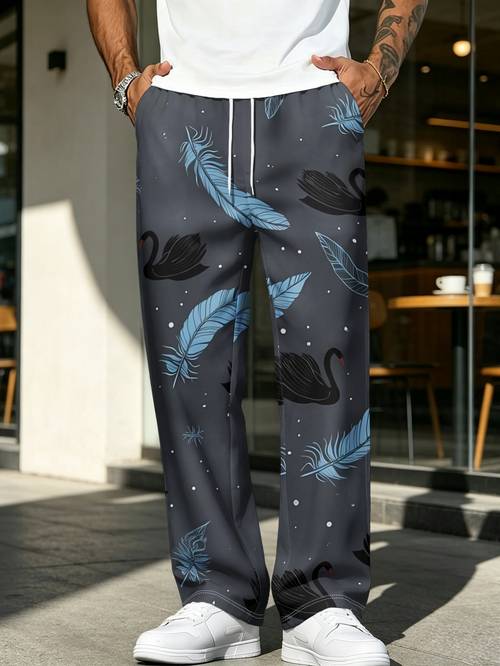 mens straight leg loose fit full body swan print trousers dark gray with black swan pattern machine washable wide pants suitable for travel gym skating casual wear